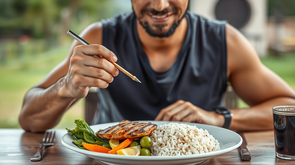 Fit individual eating a balanced meal with grilled chicken, rice, and vegetables at a dining table, natural setting, looking satisfied and healthy