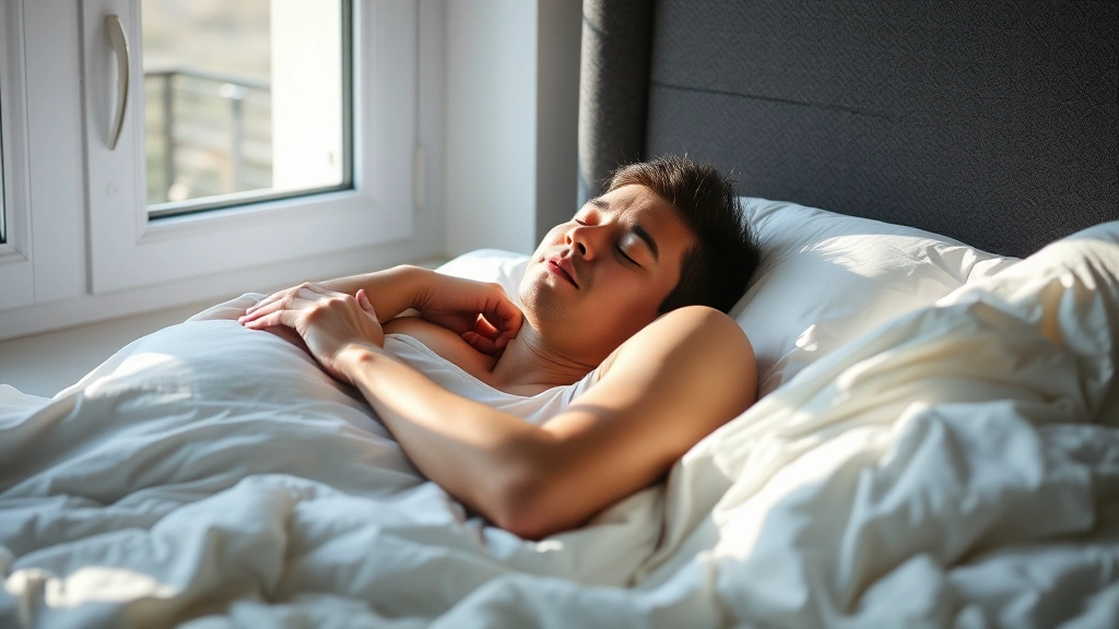 Person sleeping peacefully in bed during daytime, relaxed posture, natural window light, recovery and rest concept, serene expression