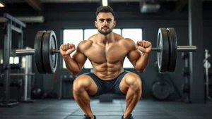 A fit person in a gym performing a barbell squat with perfect form, strong and focused expression, natural gym lighting, wearing comfortable athletic wear