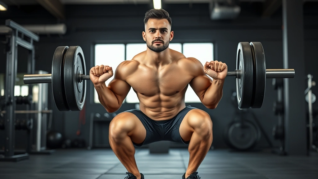 A fit person in a gym performing a barbell squat with perfect form, strong and focused expression, natural gym lighting, wearing comfortable athletic wear