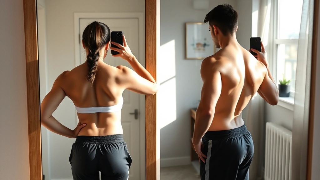 Someone taking progress photos in a mirror wearing fitness clothes, showing the back and side of their physique, natural morning light from a window
