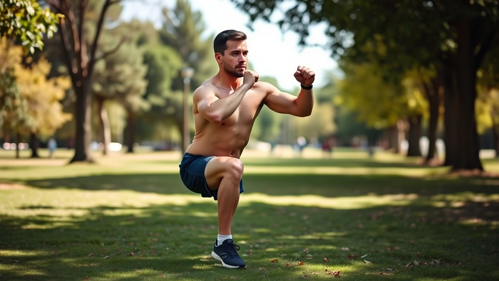 Man performing a single-leg squat exercise outdoors in a park setting, showing balance and strength, natural daylight