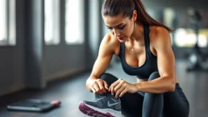Athletic woman in gym clothes tying running shoes before workout, focused expression, natural daylight from window, gym background slightly blurred