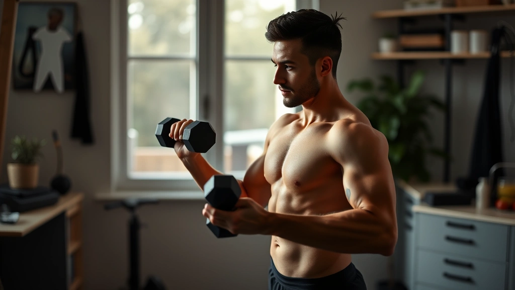 Fit person doing dumbbell exercise in home gym corner with minimal equipment, morning light, cozy residential setting, determination visible