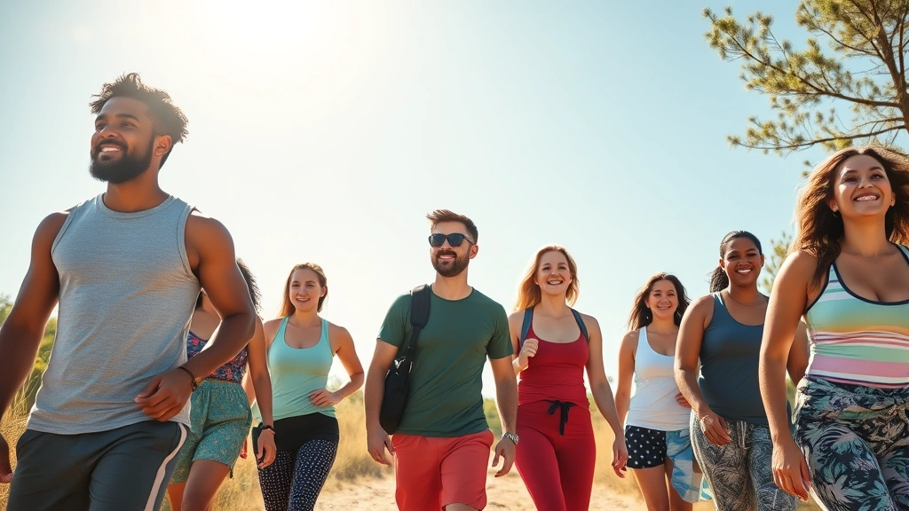Group of diverse people walking outdoors on sunny day, casual athletic wear, genuine smiles, natural landscape, active lifestyle mood