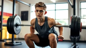 Young person performing a barbell squat with proper form in a bright gym, focused and determined expression, natural lighting