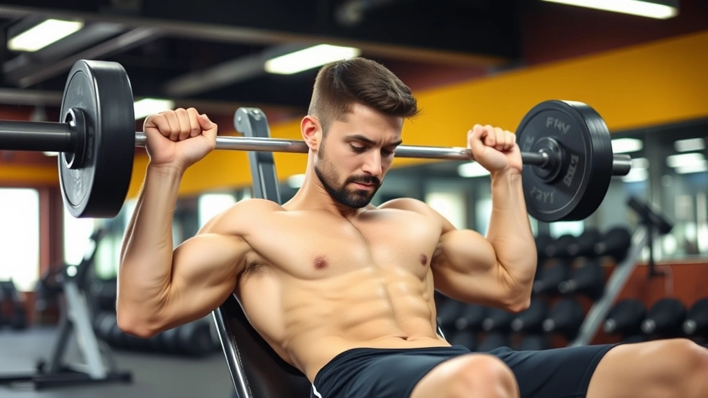 Fit individual doing a bench press with controlled movement, gym setting with free weights visible in background, motivational atmosphere