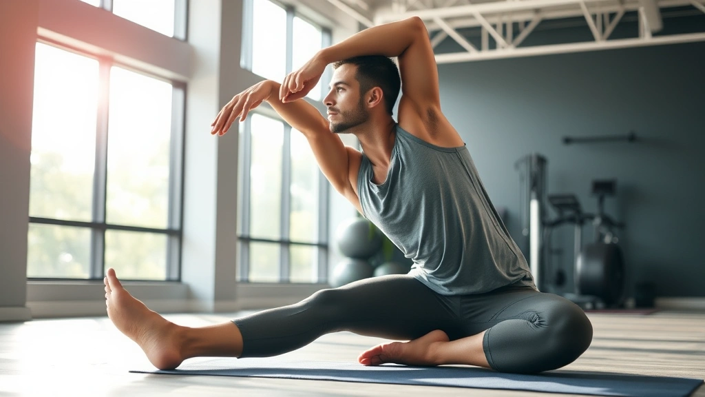 Person stretching after workout in a modern gym, relaxed posture, recovery focus, natural daylight from windows