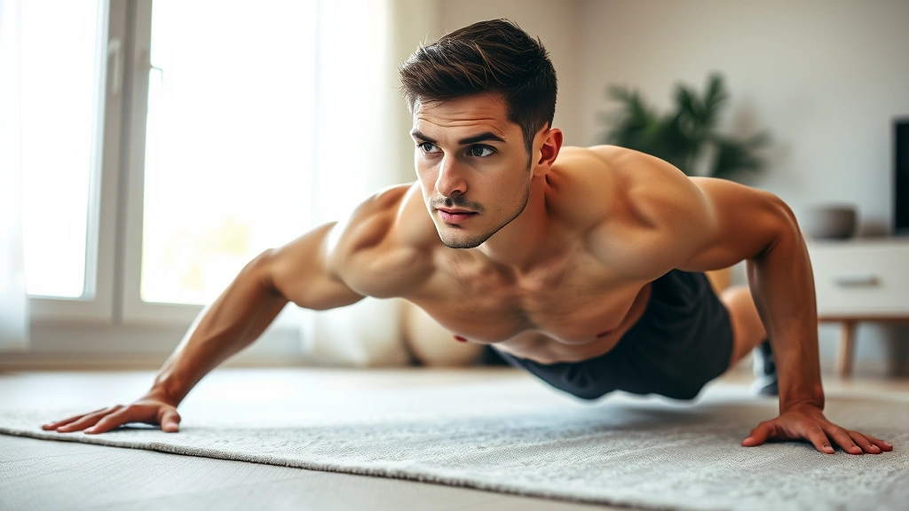 Person doing perfect form push-ups on living room floor, muscular build, focused expression, natural lighting from window, minimalist home background, athletic wear