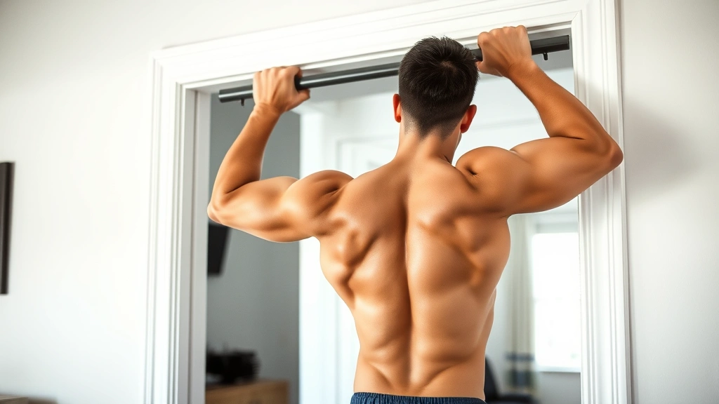 Fit individual performing pull-ups on doorway bar, showing muscular back and arm definition, home interior setting, concentrated form, natural daylight