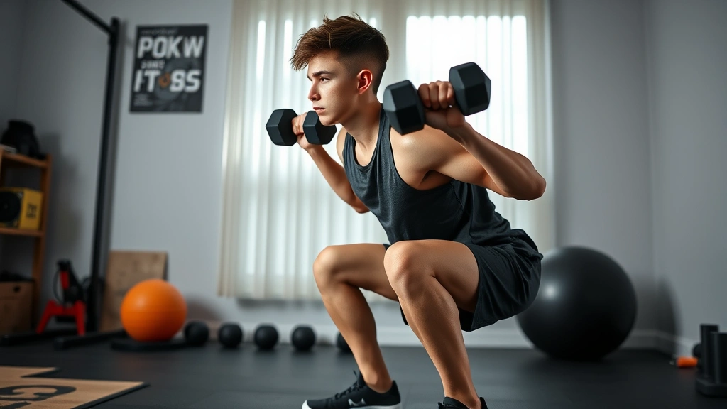 Young athlete in home gym space doing Bulgarian split squats with adjustable dumbbells, showing leg strength and proper form, simple home setup with minimal equipment