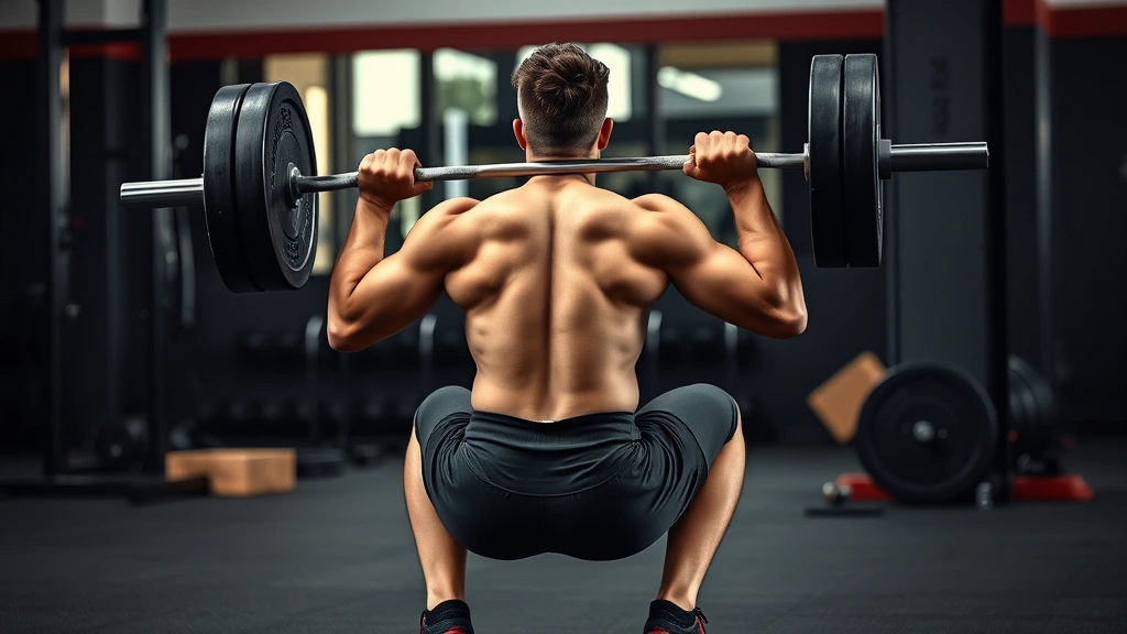 Athletic person performing a barbell back squat with perfect form in a gym, showing deep range of motion with determination