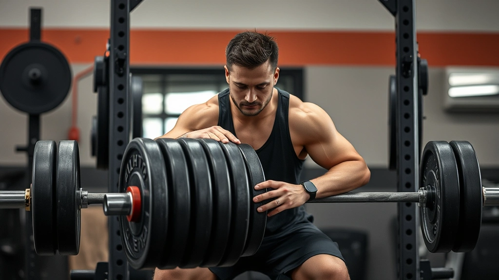 Confident lifter adding weight plates to a barbell at a squat rack, demonstrating progressive loading progression