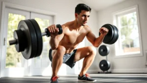 Person doing a full-body compound movement like a dumbbell squat in a bright, modern home gym with natural light streaming through windows, showing proper form and determination