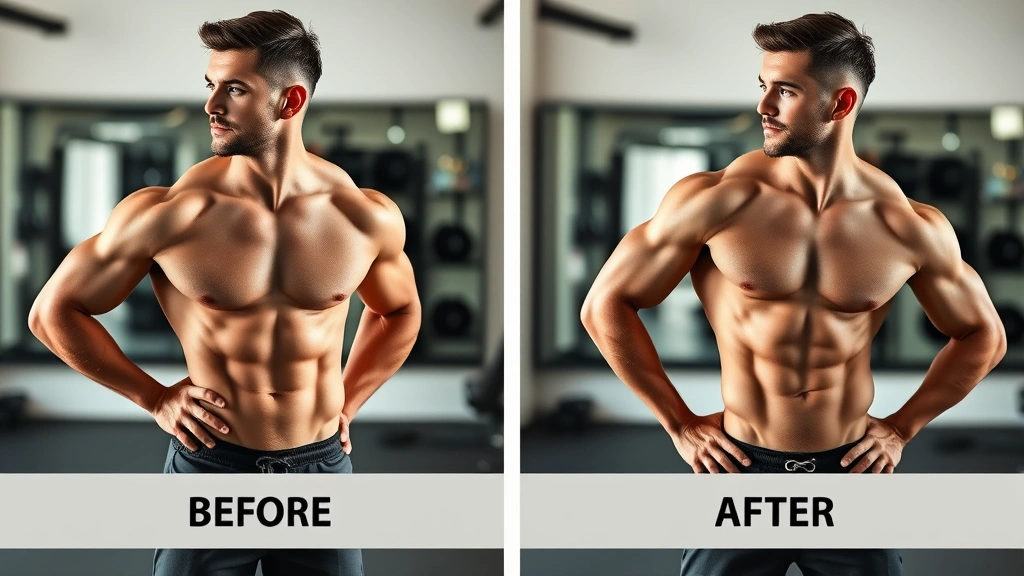 Before and after style comparison showing muscular athletic physique from different angles, demonstrating lean muscle definition, natural gym or fitness studio background