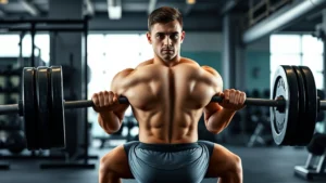 Athletic person performing a barbell back squat with perfect form in a modern gym, focused expression, good lighting on muscular development