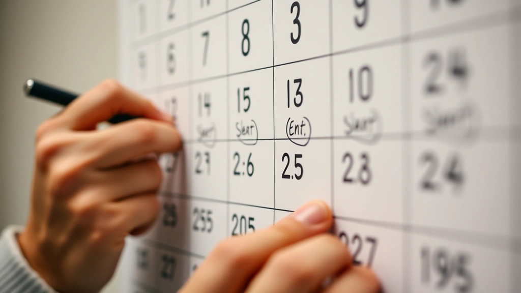 Close-up of someone checking off days on a wall calendar with a pen, with multiple days marked, representing habit tracking and consistency without obsession