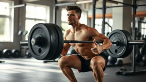 Fit person performing a heavy barbell squat in a well-lit gym with natural lighting, focused expression, showing proper form and athletic build