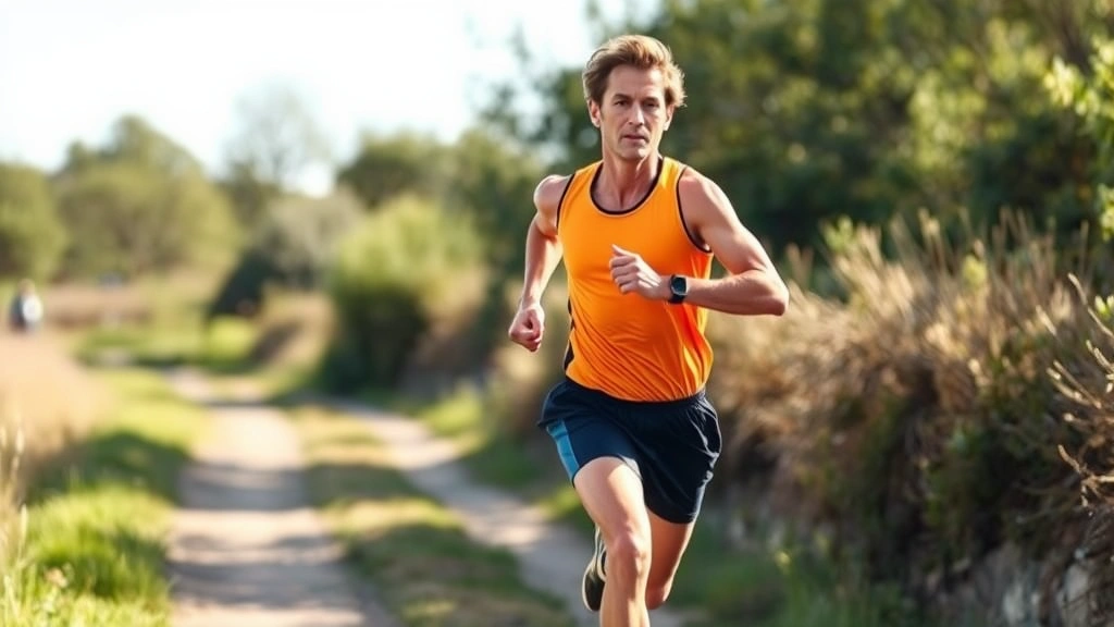 Athlete running outdoors on a trail or park path in natural daylight, showing endurance effort with good form, surrounded by greenery or open space