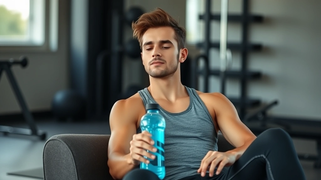 Person recovering after workout, sitting peacefully with water bottle, showing calm composure in gym or home environment, balanced and healthy appearance
