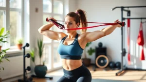 Athletic woman doing resistance band exercises in a bright home gym setup, natural sunlight, focused expression, practical workout environment
