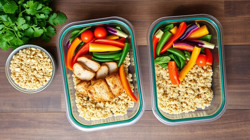 Overhead shot of healthy meal prep containers with grilled chicken, quinoa, and colorful vegetables, fresh and vibrant, wooden table surface
