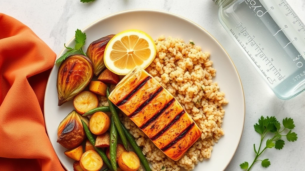 Overhead flat lay of a nutritious meal plate with grilled salmon fillet, fluffy quinoa, roasted mixed vegetables, fresh lemon wedge, beside a clear water bottle with condensation