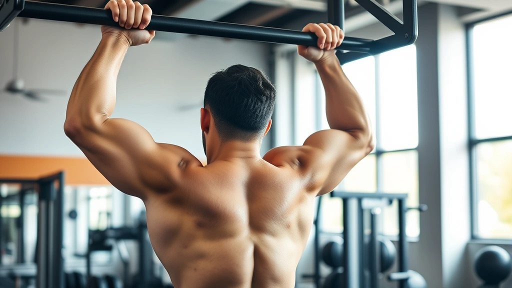 Man doing pull-ups on an indoor gym pull-up bar, muscles defined, gym environment with other equipment visible, natural determined expression