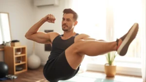 Person doing bodyweight exercises in bright home gym with natural light, focused expression, midway through a movement