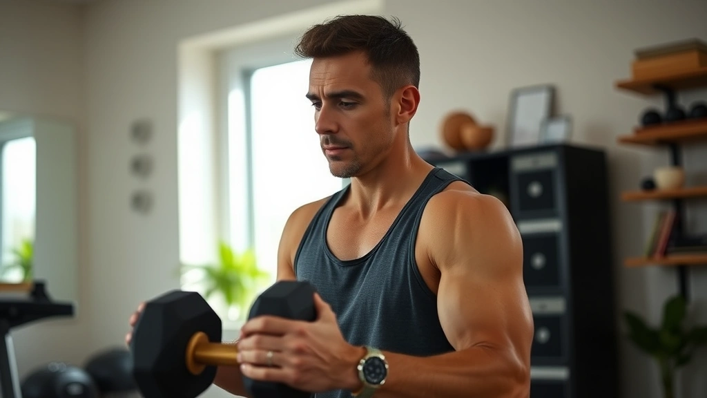 Person doing a routine morning workout in home gym, focused and determined expression, natural lighting from window, athletic wear, dumbbells visible