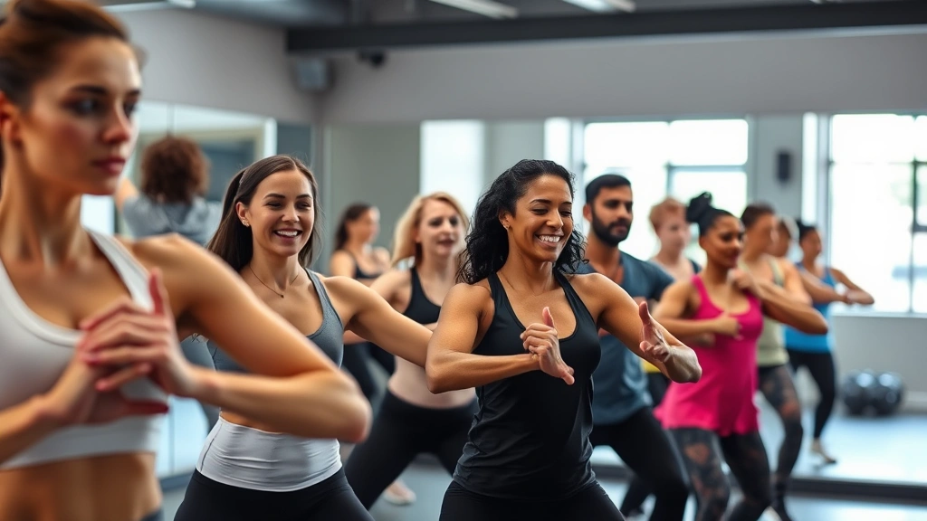Group fitness class with diverse people doing the same exercise together, motivating energy, gym setting with mirrors and proper lighting
