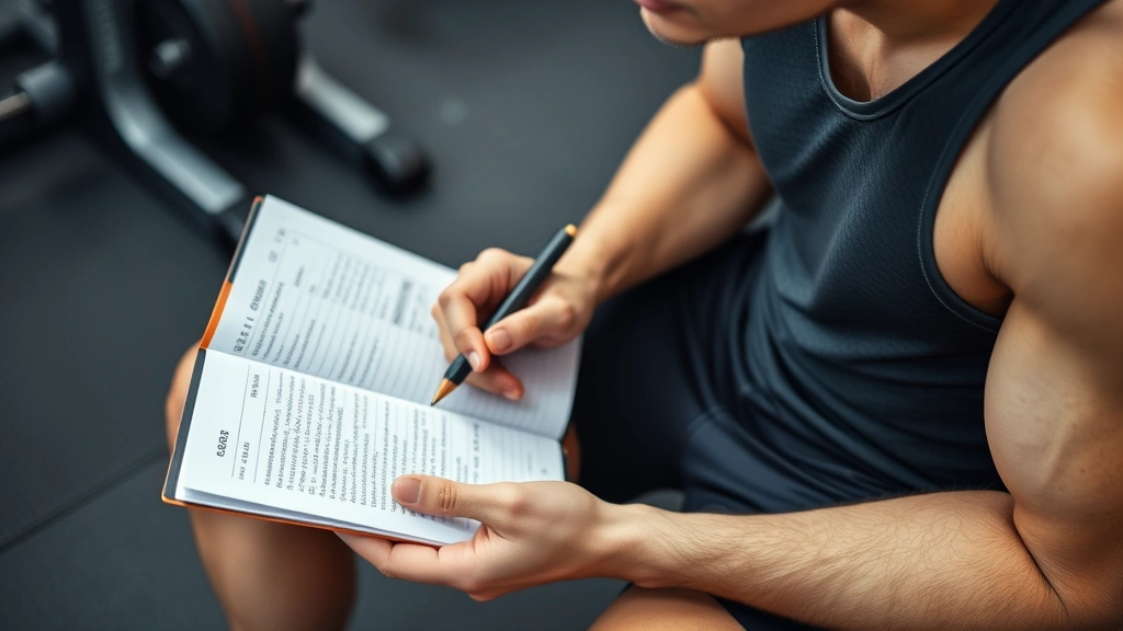 Athlete reviewing workout notes and progress log in a notebook, sitting on gym bench, natural form of tracking and reflection