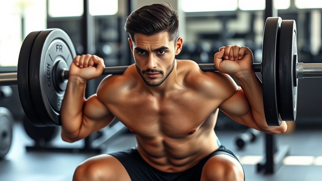 A person doing a barbell back squat with proper form in a gym setting, focused and determined expression, natural lighting, athletic build, mid-movement