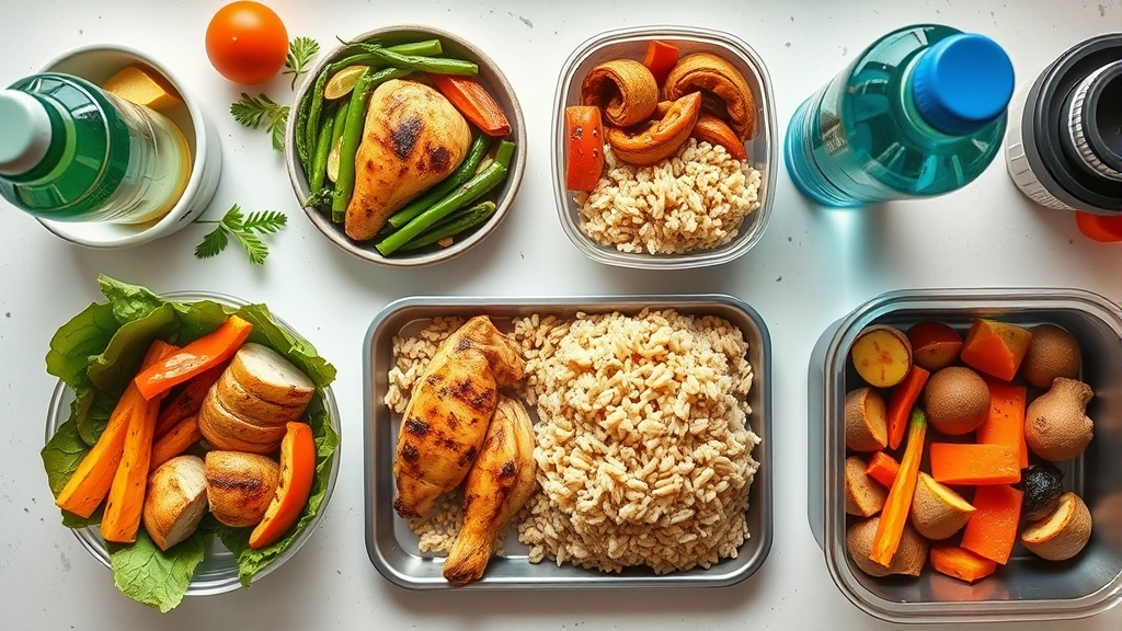 An overhead shot of a healthy meal prep setup with grilled chicken, brown rice, roasted vegetables, and water bottles on a clean countertop, vibrant colors, natural daylight