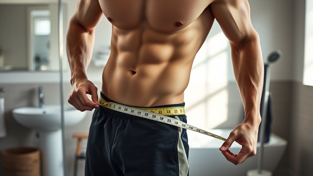 Athletic person measuring waist with tape measure in modern bathroom, focused expression, natural lighting, showing body composition progress tracking