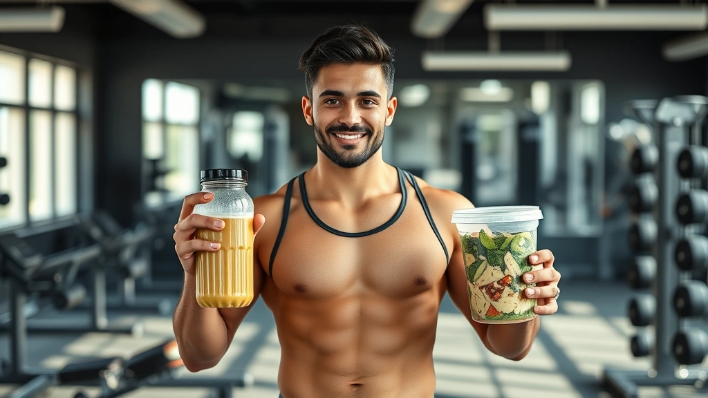 Fit individual in gym holding protein shake and healthy meal prep containers, diverse representation, motivational but realistic gym setting, bright natural light