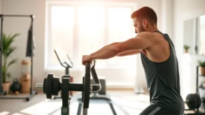 Person doing a morning gym workout in bright natural light, focused and energized, setting up equipment in a clean home gym space, photorealistic