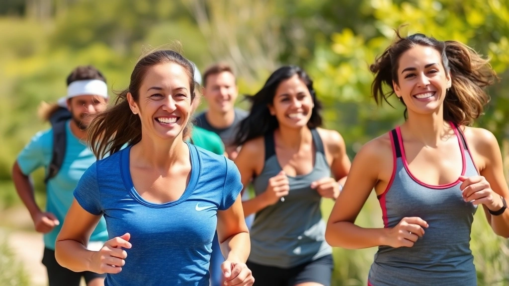 Diverse group of people exercising together outdoors on a sunny day, trail running or group fitness class, genuine smiles and connection, natural lighting