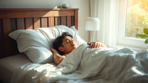 Person sleeping peacefully in bed with natural sunlight, peaceful bedroom environment, recovery and rest concept