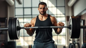 Person performing a barbell deadlift with excellent form in a well-lit gym, showing strength and control with natural lighting, focused expression