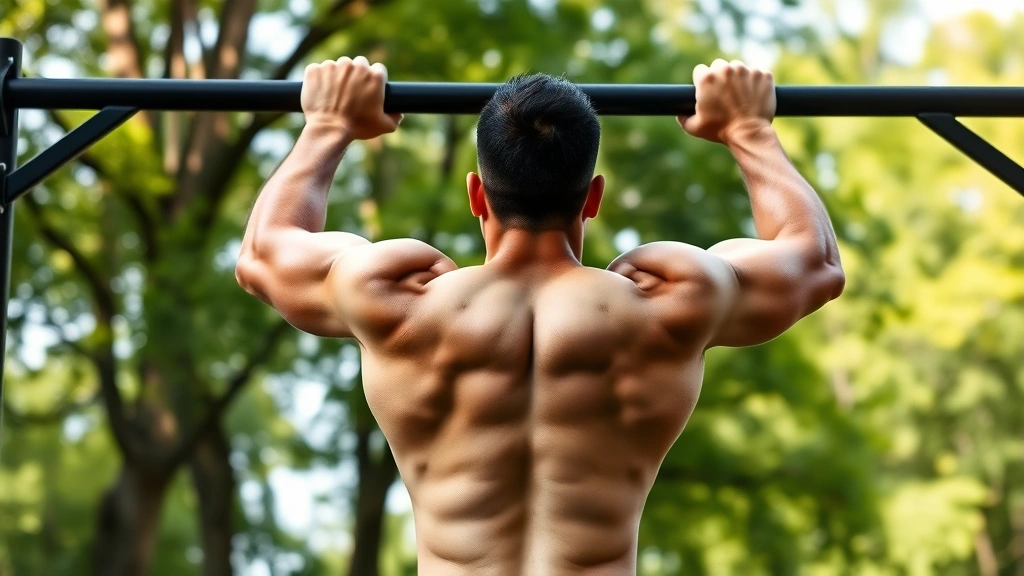 Fit person performing bodyweight pull-ups on outdoor bar with trees in background, natural daylight, showing muscular back and arms