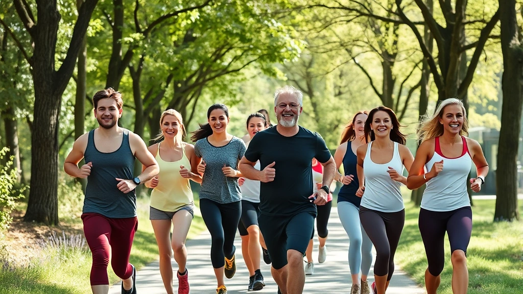 Group of diverse people jogging together outdoors on a sunny path through trees, smiling, various fitness levels, natural scenery