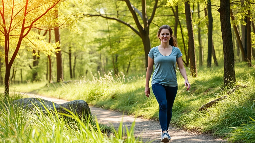 Person walking outdoors in nature with relaxed posture, light active recovery, peaceful hiking trail or park setting
