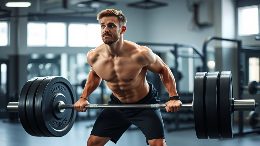 Person performing a deadlift with proper form in a well-lit gym, showing engaged core and neutral spine, confident expression