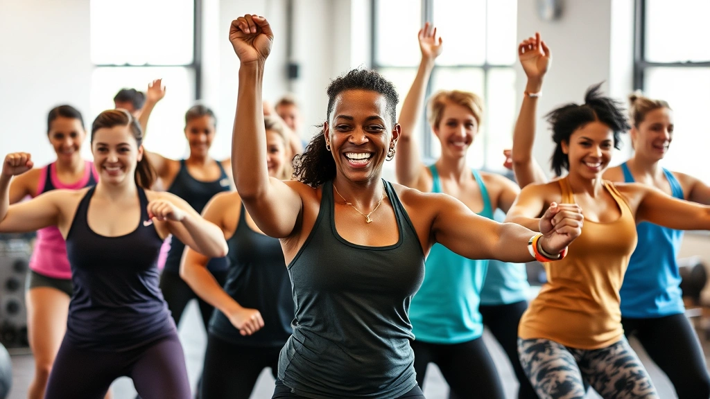Group of diverse people doing a strength training class together, smiling and supporting each other, energetic but relaxed atmosphere