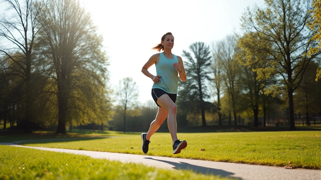 Active person jogging outdoors on a sunny day through a park, natural lighting, athletic wear, mid-stride motion