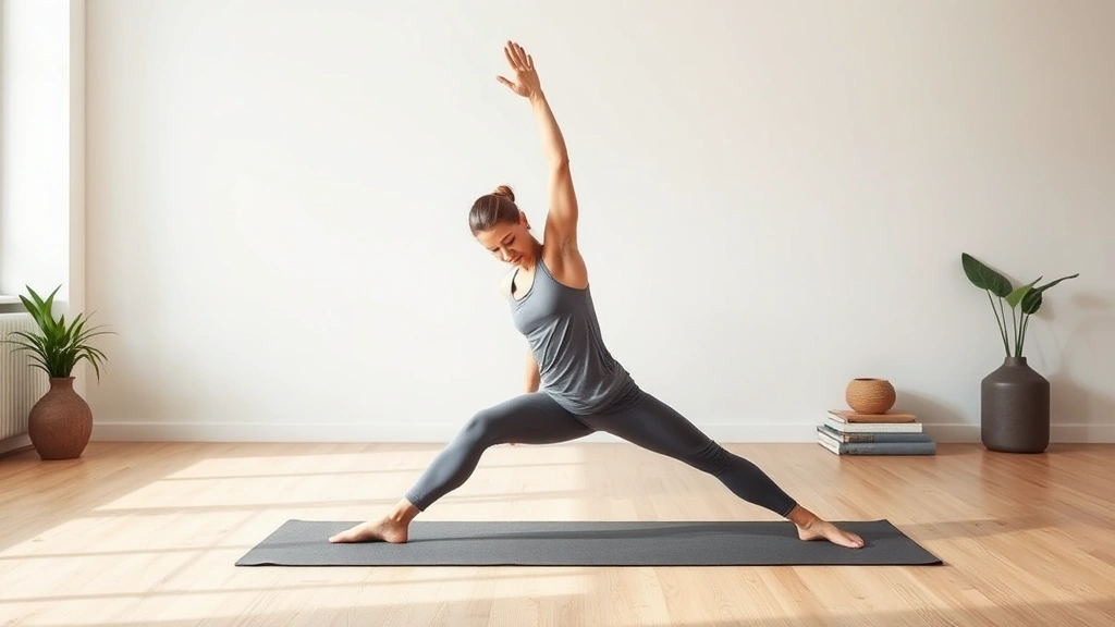 Individual stretching or doing mobility work on a yoga mat in a minimalist home gym space, peaceful and focused