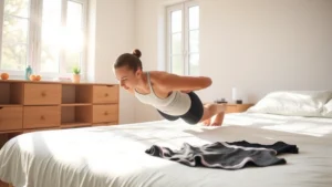Person in athletic wear doing push-ups in a bright, minimalist bedroom next to a bed with gym clothes laid out, morning sunlight streaming through windows, natural and motivating atmosphere