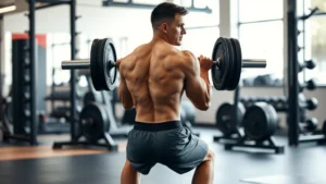 Fit person performing barbell back squat with controlled form in a commercial gym, full body visible, natural lighting, focused expression