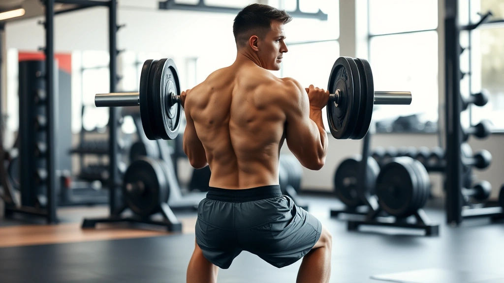 Fit person performing barbell back squat with controlled form in a commercial gym, full body visible, natural lighting, focused expression